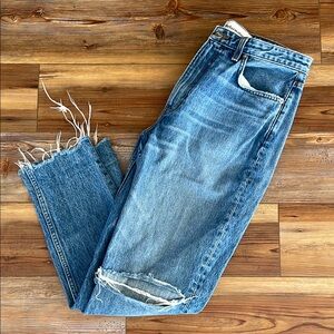 Reformation Blue Straight Leg Jeans with Distressed Hem